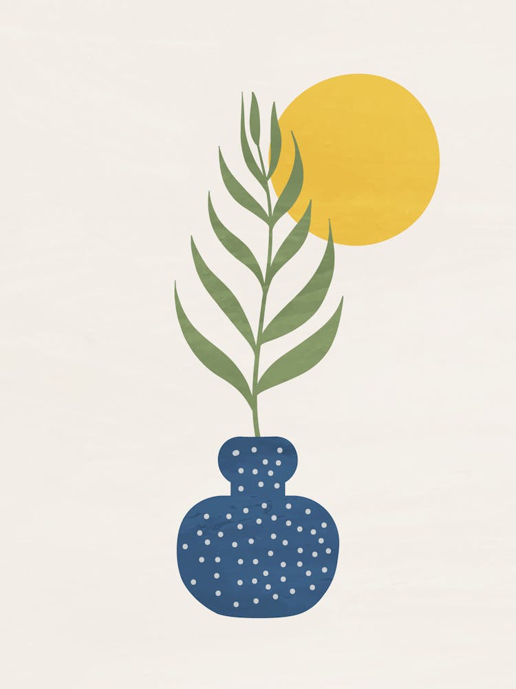 Minimalist Sun and Plant in Blue Vase