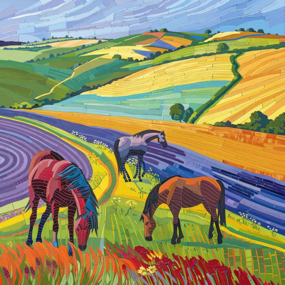 Horses in the English Countryside Series, Hockney Style. 3
