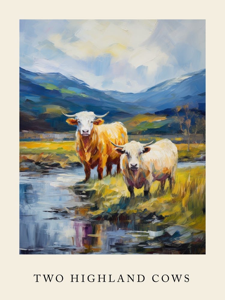 Two Impressionism Cows In The Highlands