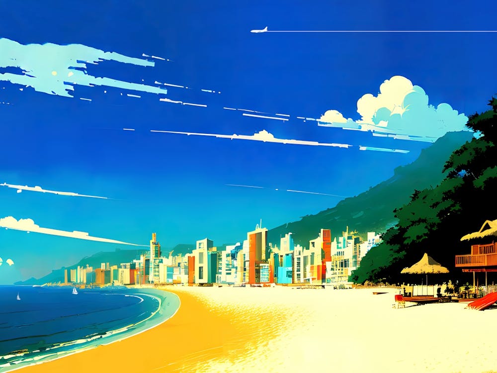 Japan, Okinawa, anime city on the bay — City Pop art, anime landscape poster, retrowave/vaporwave poster, 80s, panoramic poster. Hayao Miyazaki style 1