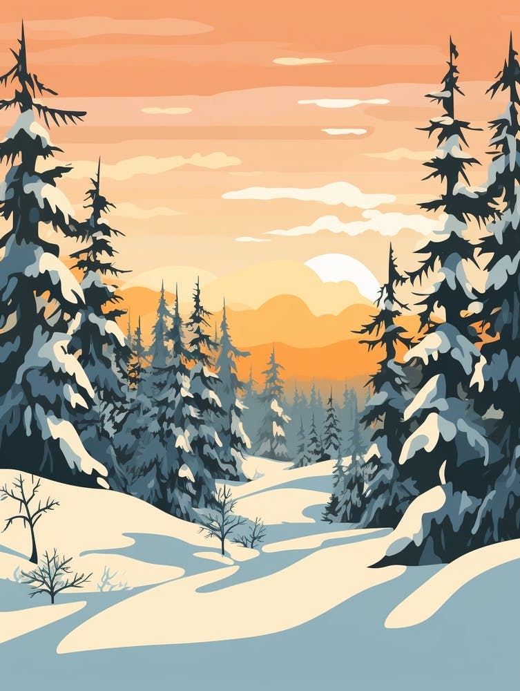 Vintage Winter Travel Illustration Lapland Finland 2