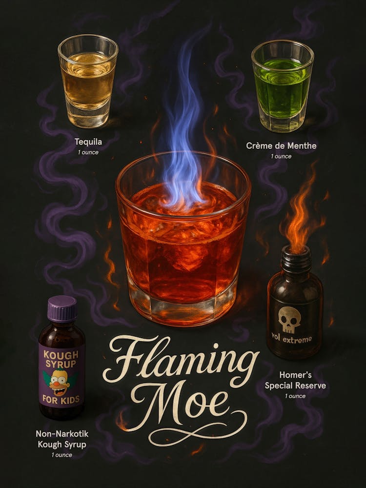 Flaming Moe Cocktail Poster – Simpsons Cocktail Meme Art: The legendary drink from Moe’s Tavern – this Flaming Moe poster blends Simpsons humor, fire, and cocktail chaos. With Moe, Homer, and cartoon bar vibes, it’s a funny recipe art piece for fans of al