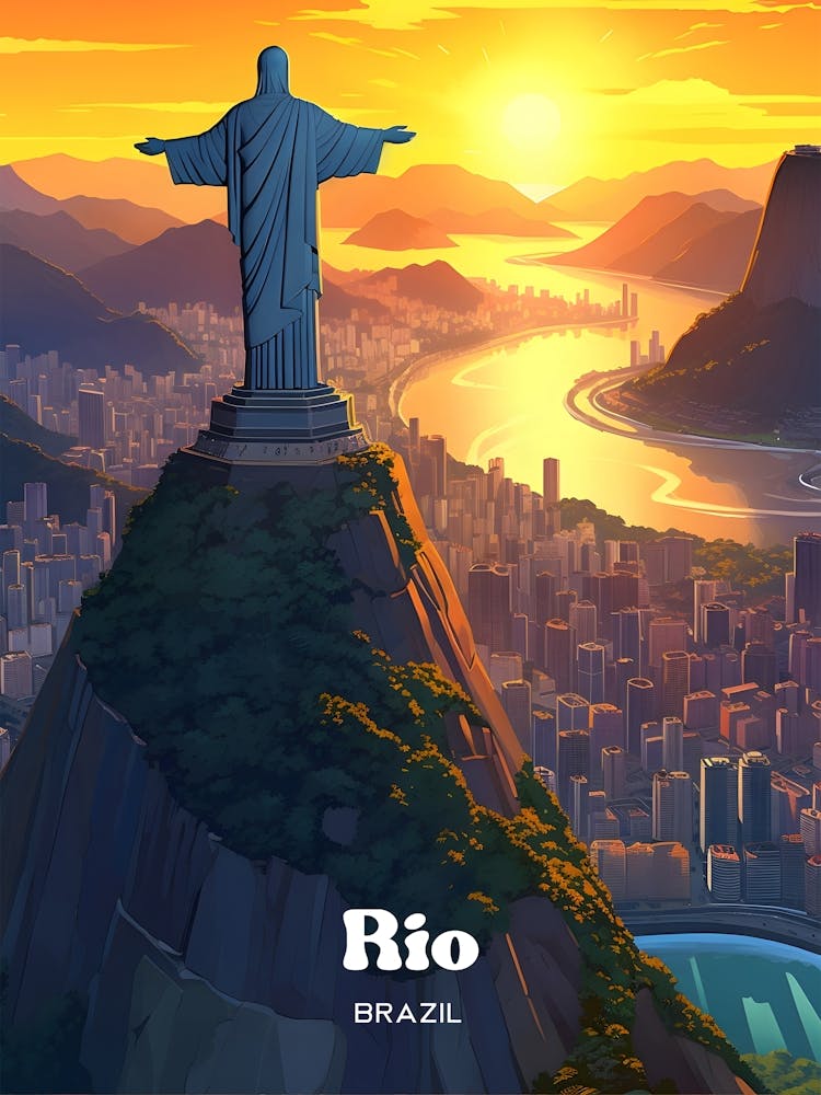 Rio Brazil Christ Statue Travel Art Illustration