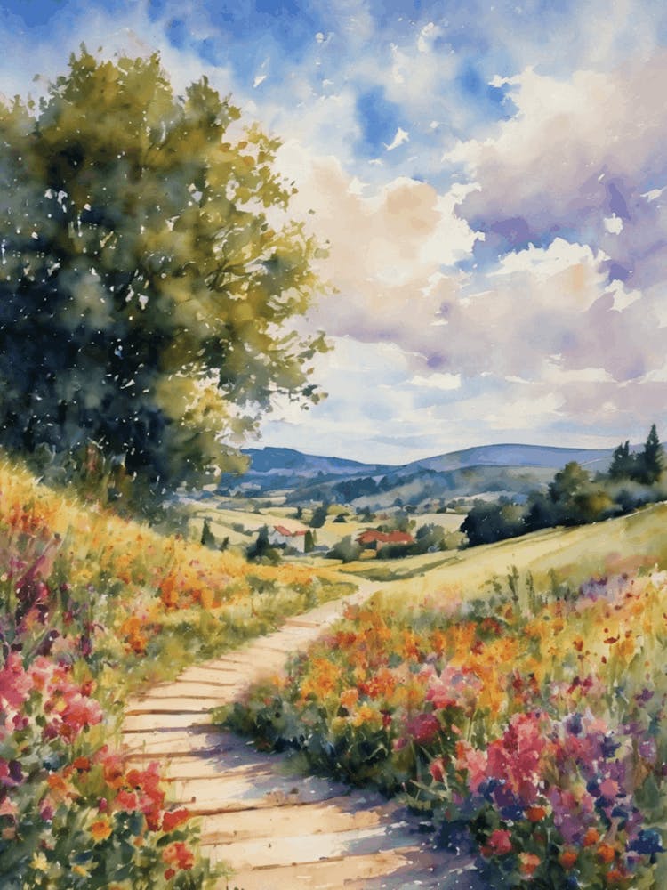 A Walk in the English Countryside Vibrant Summer Meadow Sunny Floral Watercolor Landscape by Artist Lyra O'Brien