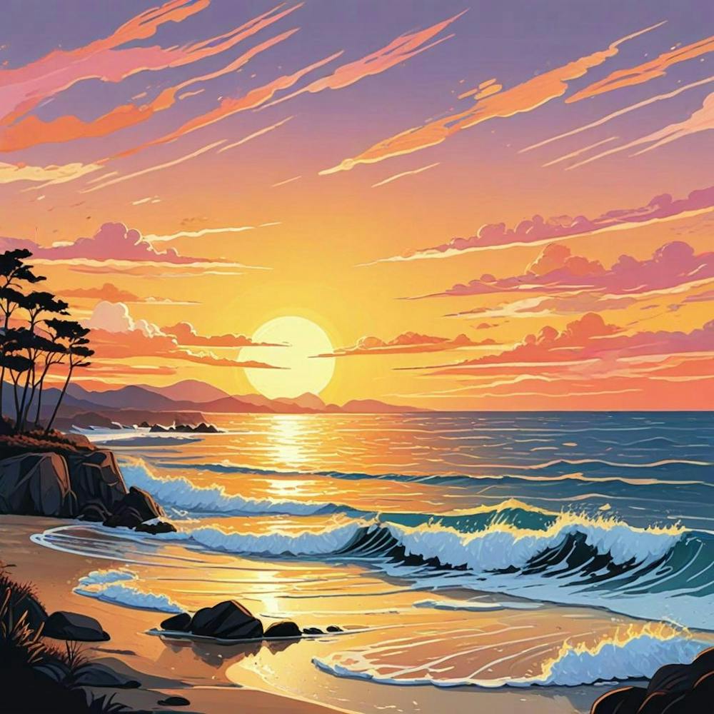 A Painting Of A Sunset With Seagulls Flying Above The Ocean (1)
