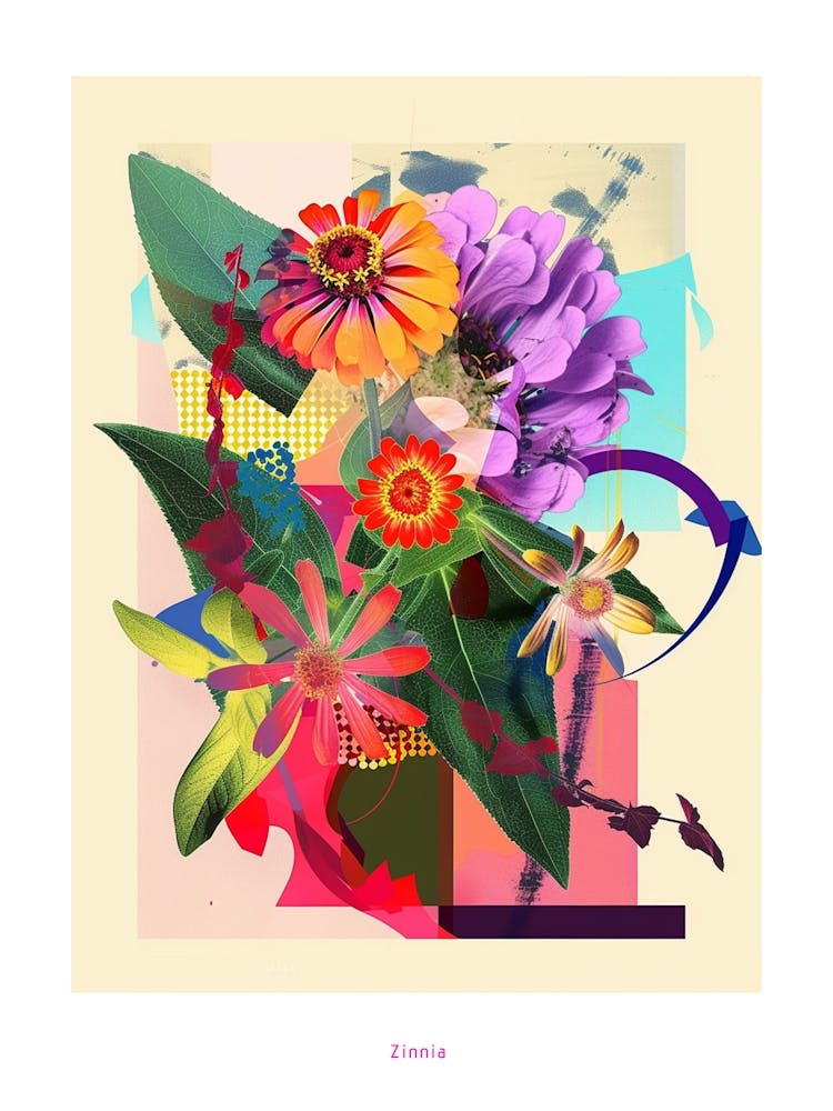 Zinnia 4 Neon Flower Collage Poster