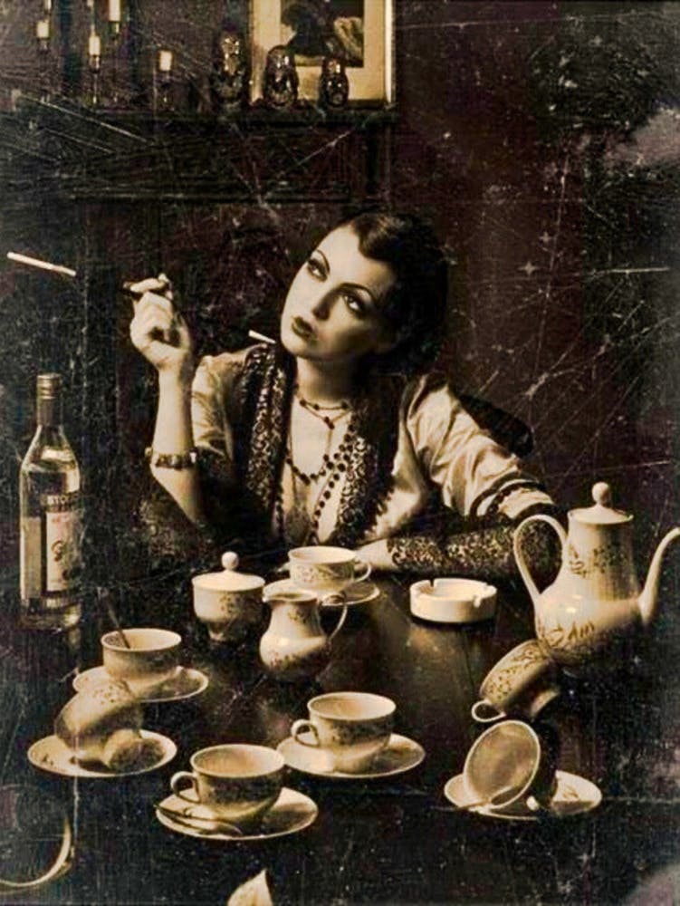 Vintage Witch - Smoking, Drinking Tea and Gazing Dreamily- La Belle Otero 1920s Art Deco Victorian Remastered Witchy Moon Goddess Fairytale Retro Cool Photograph Tasseomancy Psychic Fortune Teller Gypsy Style