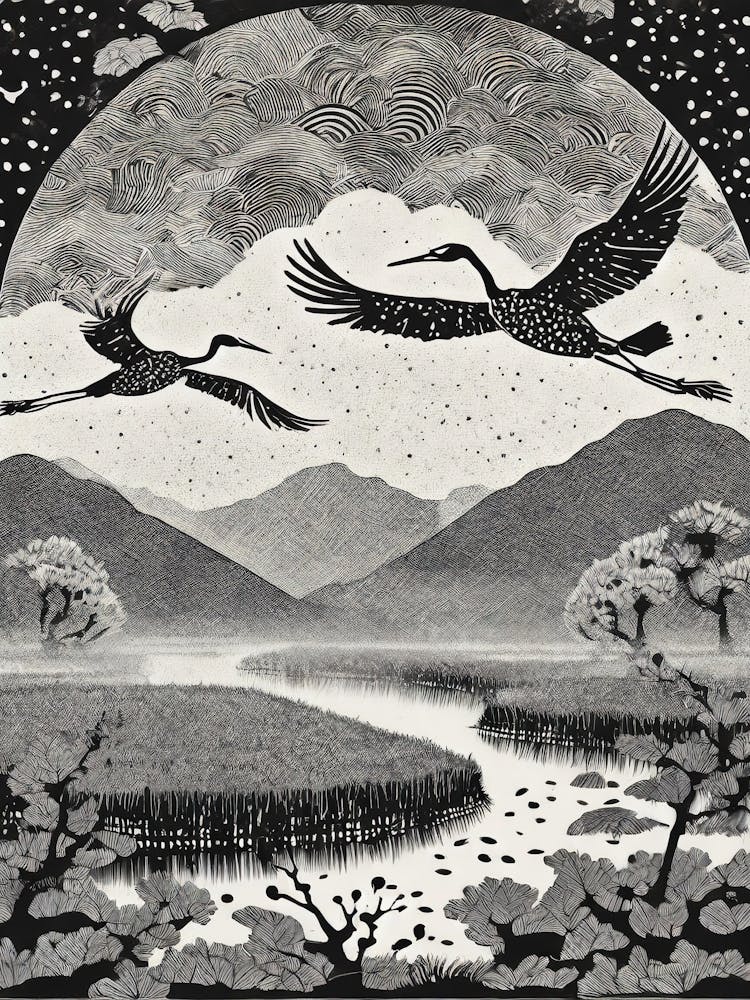 Cranes In Flight Ukiyo-E