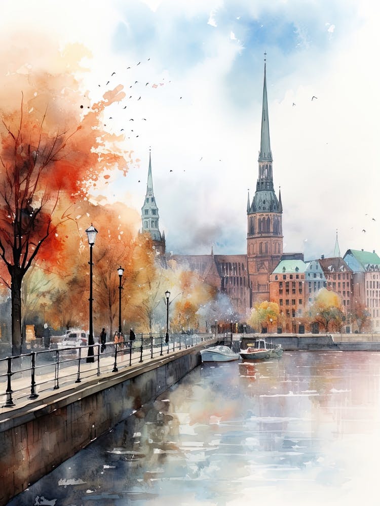 Hamburg Germany In Autumn Fall, Watercolour 1