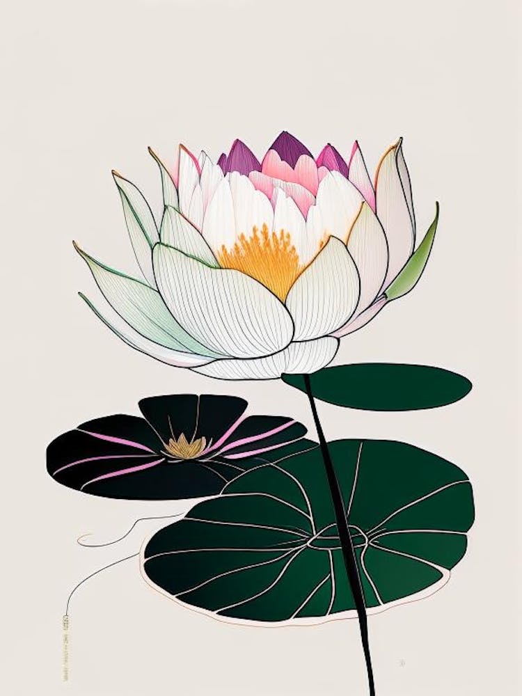 Blooming Lotus Flower In Pond Abstract Line Drawing 1