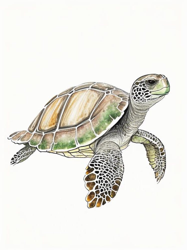 Olive Ridley Sea Turtle (Lepidochelys Olivacea), Sea Turtle Pencil Illustration 2