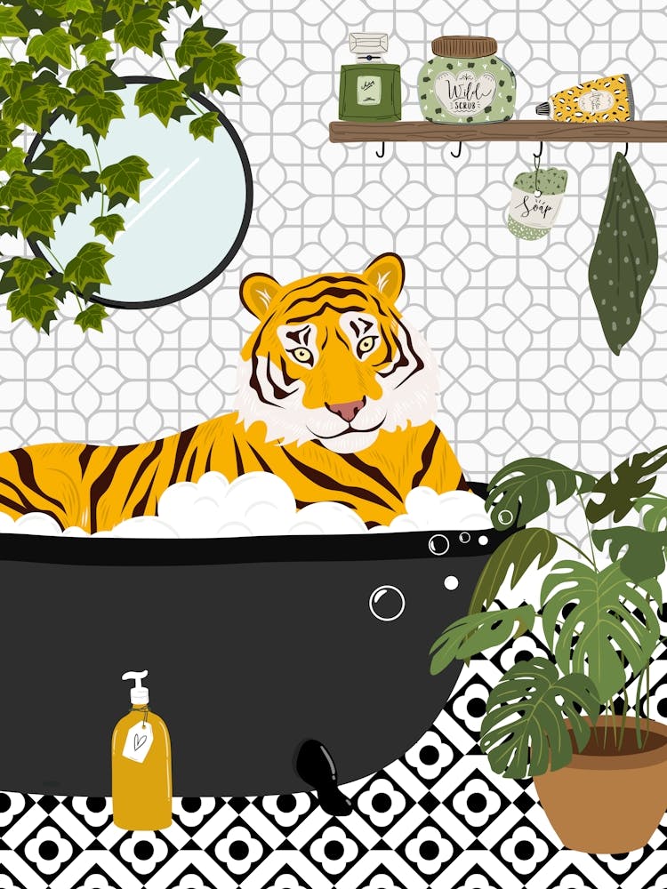 Tiger In Bath Black And White