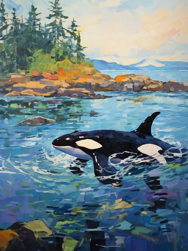 Vivid Impasto Style Orca Whale Swimming