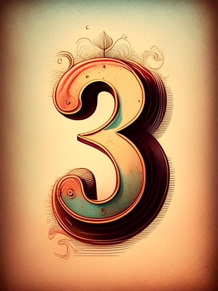 3, Number, Education Retro Drawing 1