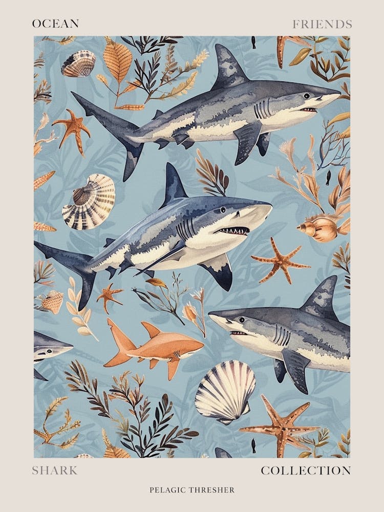Pastellblau Pelagischer Fuchshai Aquarell Meereslandschaftsmuster 1 Poster