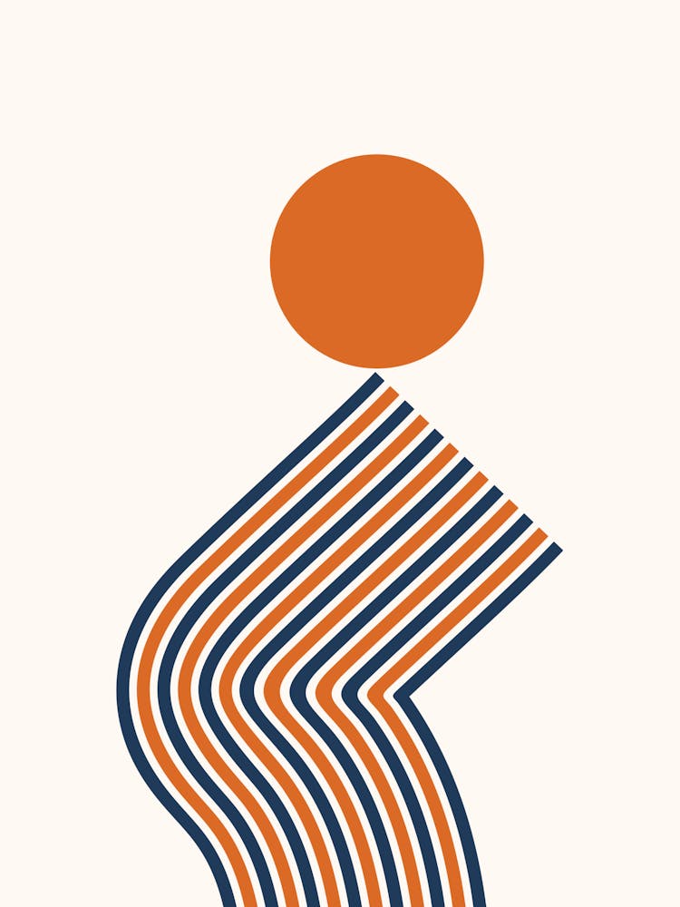 Geometric Lines Sun Rainbow Balance Playful Abstract in Navy Blue Burnt Orange scheme