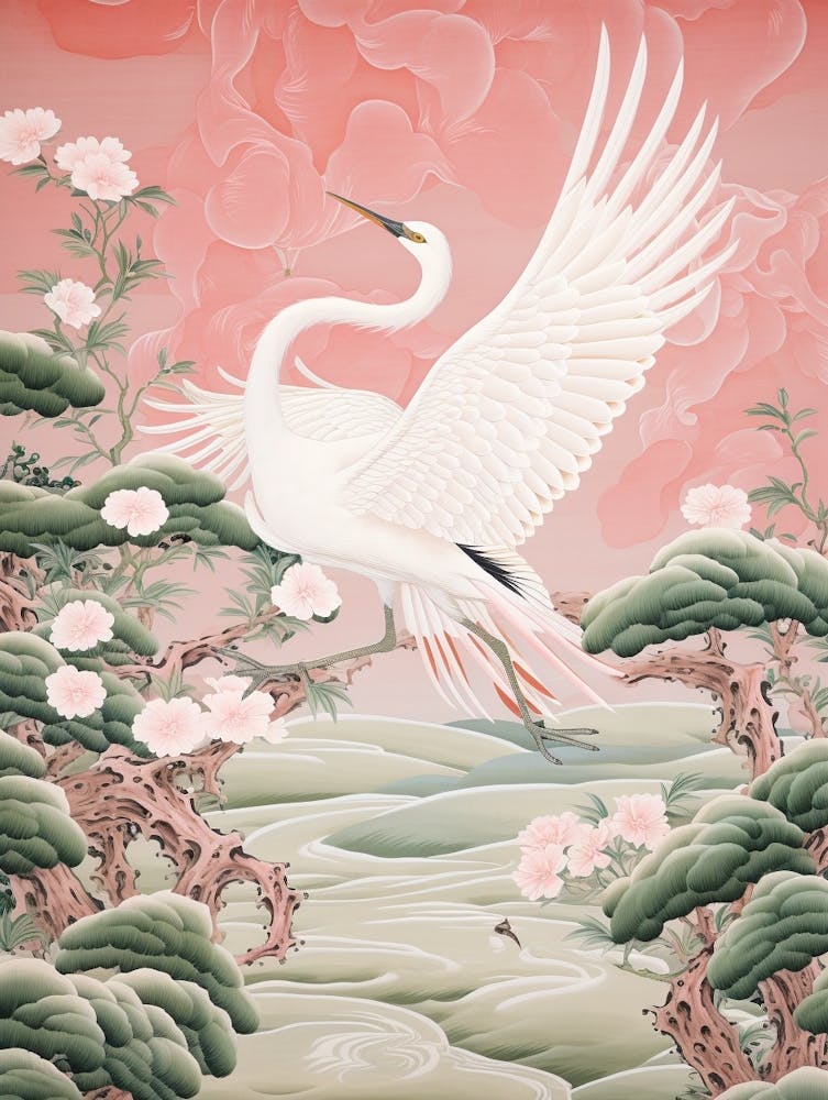 Vintage Japanese Inspired Bird Print Egret 2