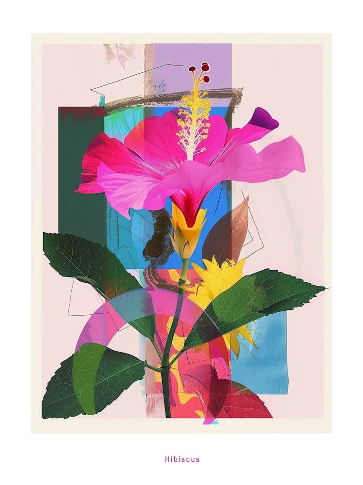 Hibiscus 1 Neon Flower Collage Poster