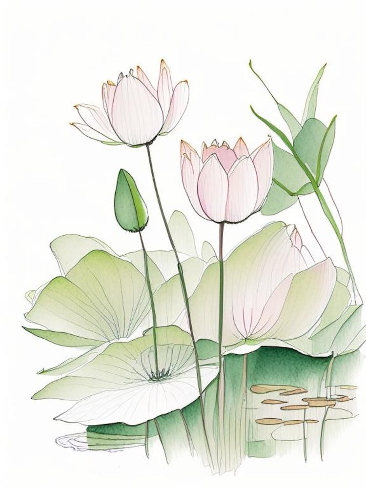 Lotus Flowers In Park Pencil Illustration 1