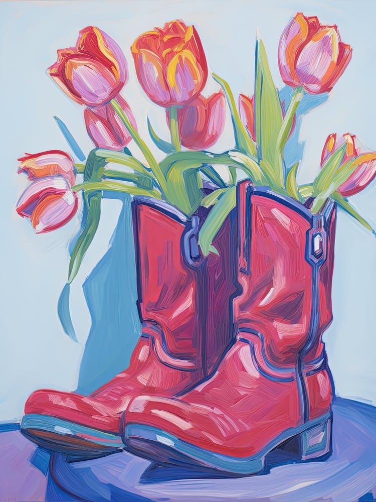 A Painting Of Cowboy Boots With Tulips Flowers, Fauvist Style, Still Life 1
