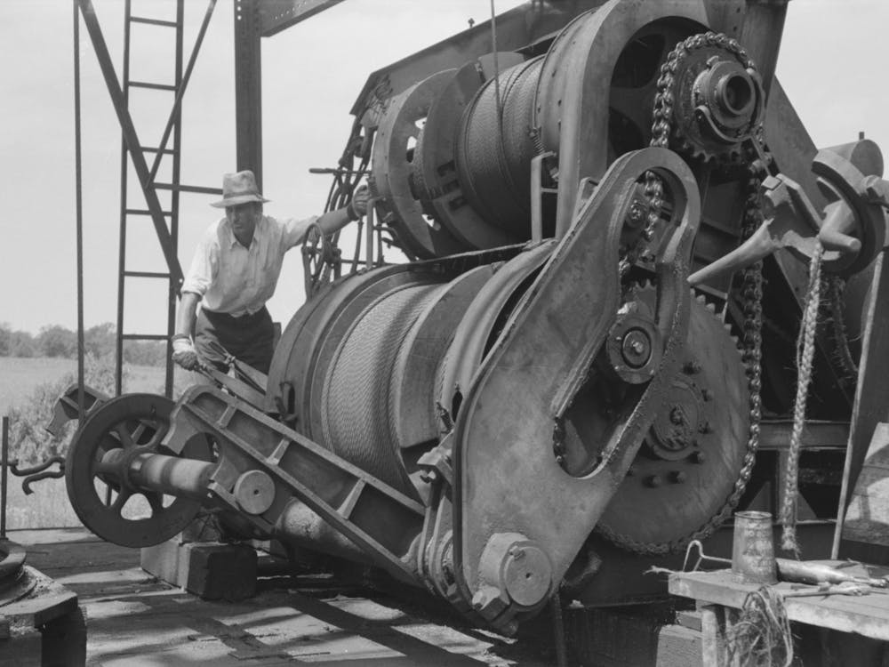 Cable Tool Equipment With Operator,Oil Well Near Saint Louis, Oklahoma, This Is Equipment Used In Drilling By Russell