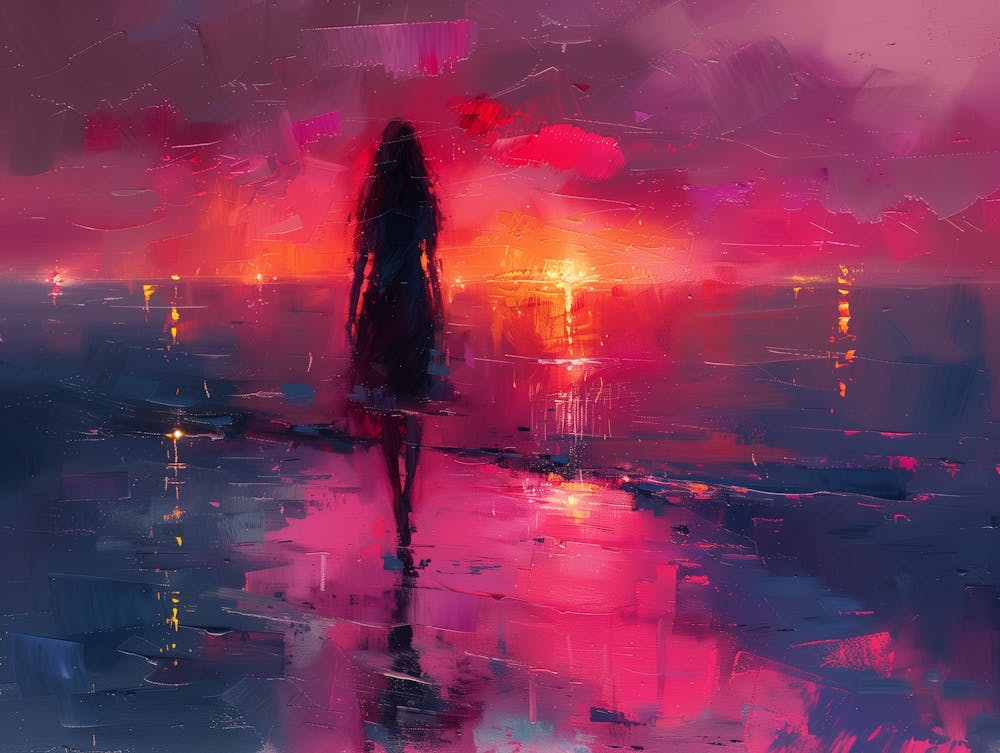 Woman Walking On The Beach At Sunset