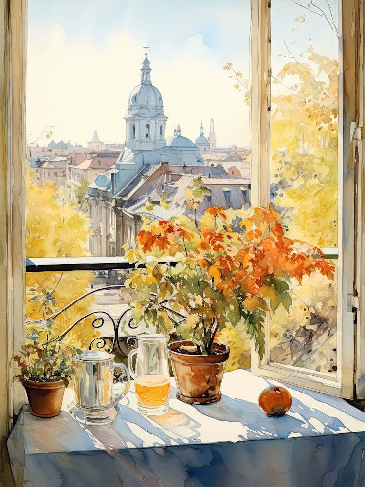 Window View Of Warsaw Poland In Autumn Fall, Watercolour 2