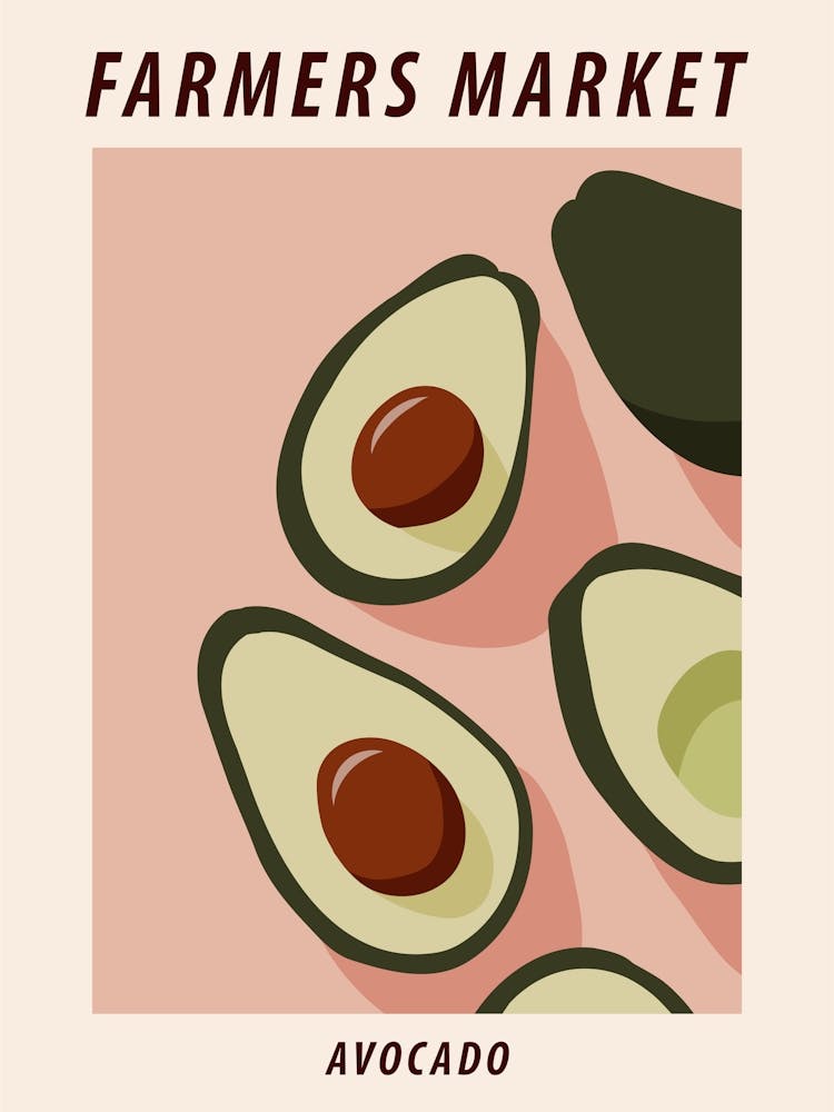 Farmers market Avocado, Exotic food art, Neutral retro print