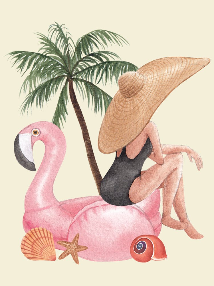 Seaside Pink Flamingo Beach Girl