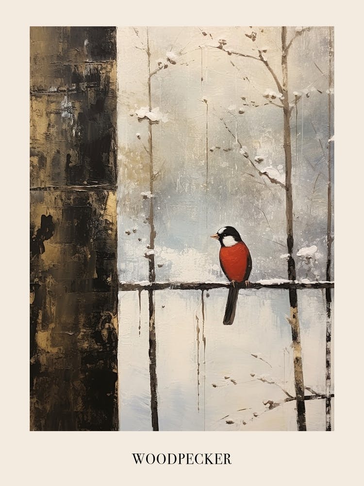 Vintage Winter Animal Painting Poster Woodpecker 1