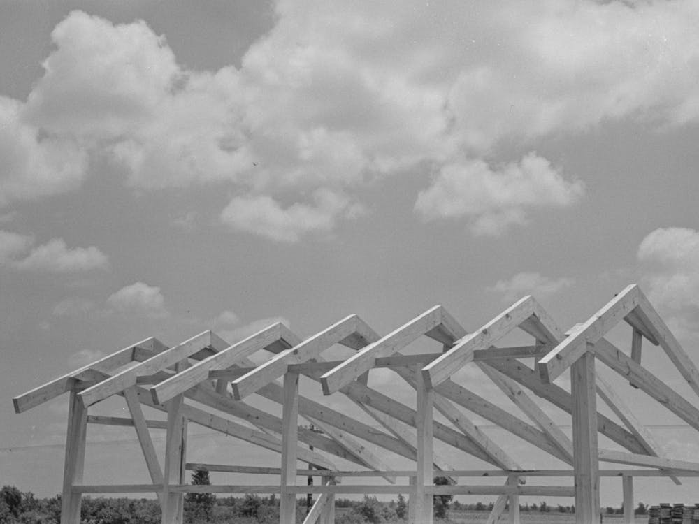 Southeast Missouri Farms Project, View Of Roof Construction Of Shop Assembled Chicken House By Russell Lee