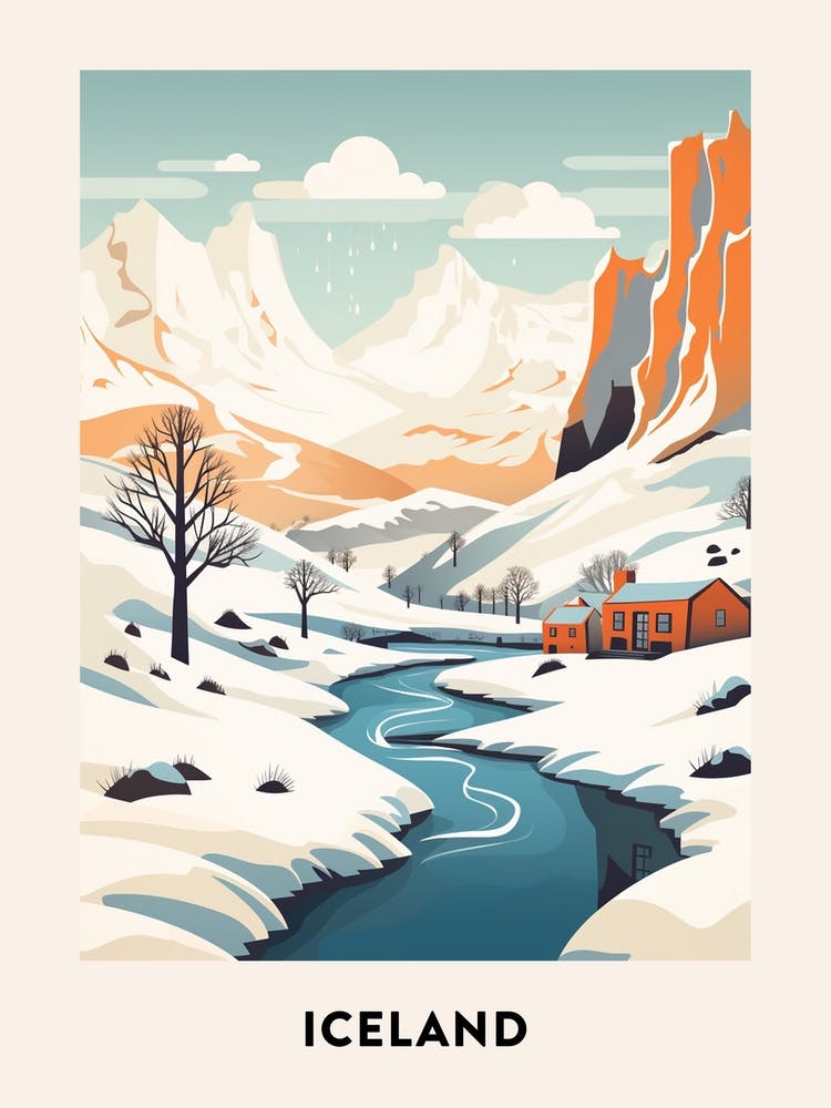 Vintage Winter Travel Poster Iceland 1