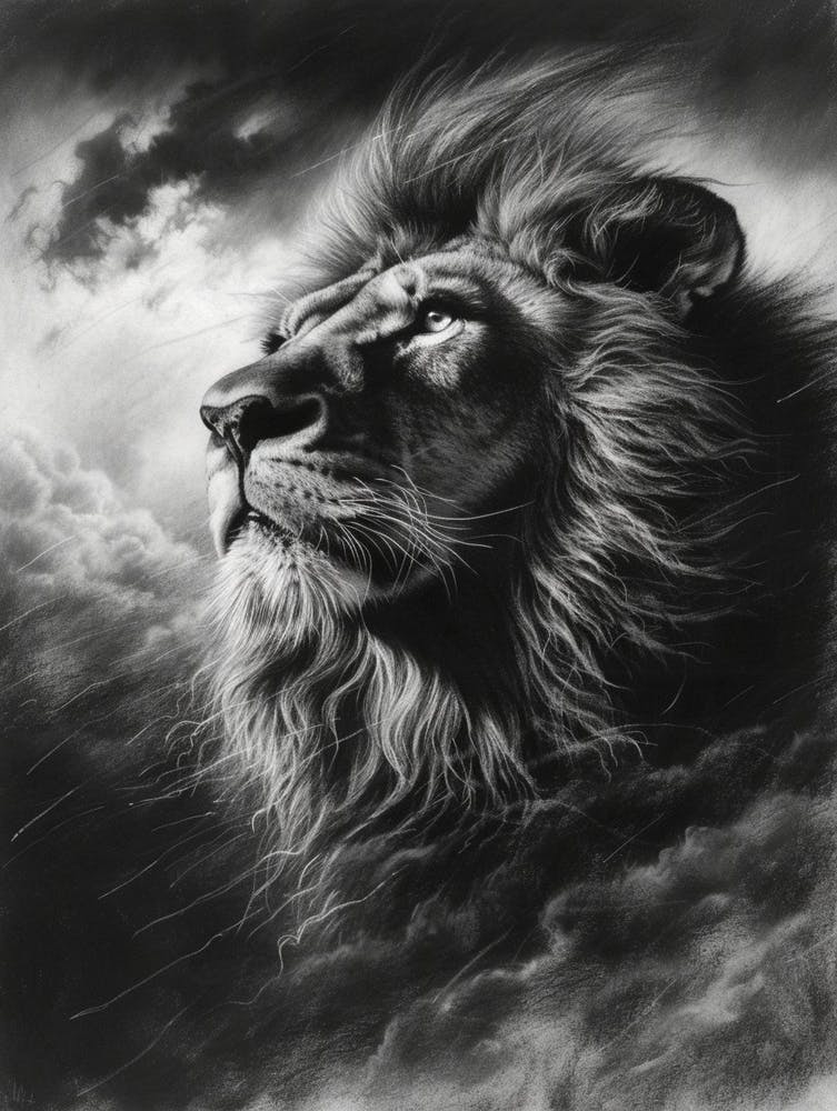 Barbary Lion Charcoal Drawing Facing A Storm 4