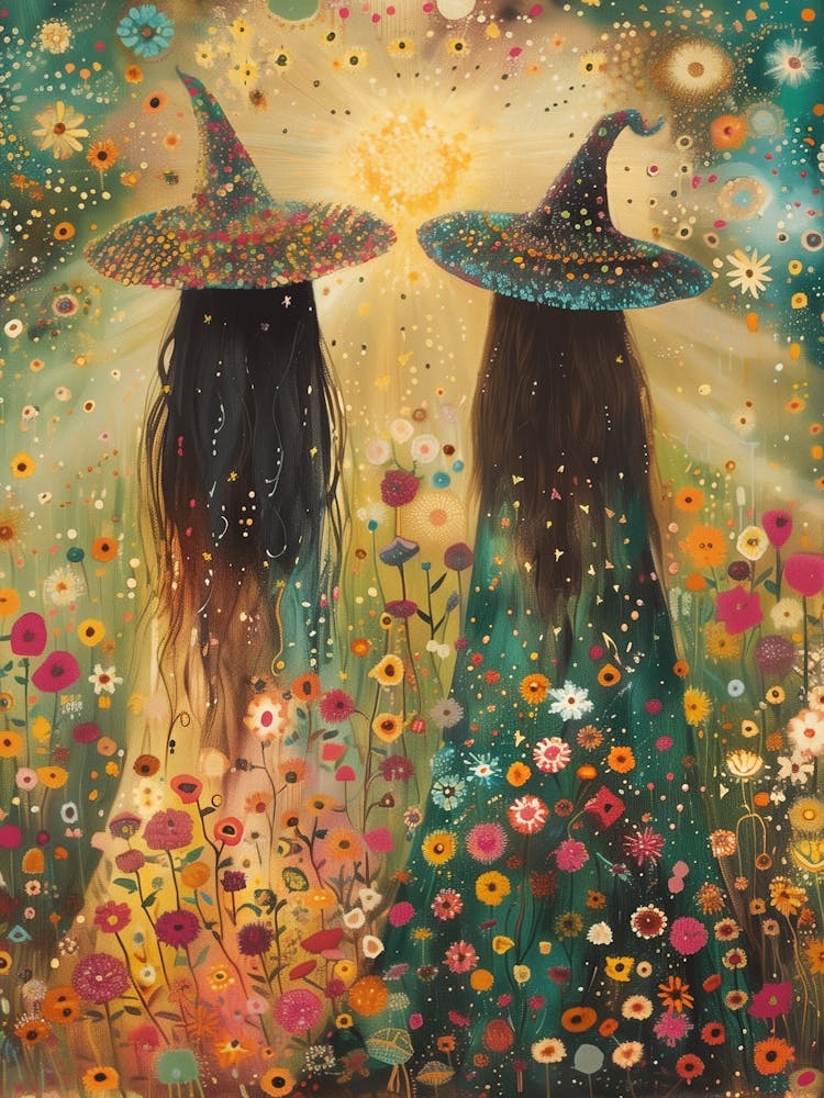 Best Friend Witches Watch the Summer Solstice | Pagan Litha Art | Colorful Witch Print | Botanical Green Witchcraft | Flowers Sunshine Beautiful
