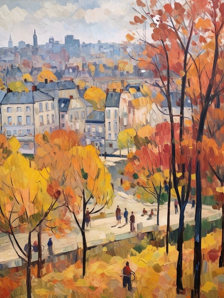 Autumn City Park Painting Parc De Belleville Paris France 2
