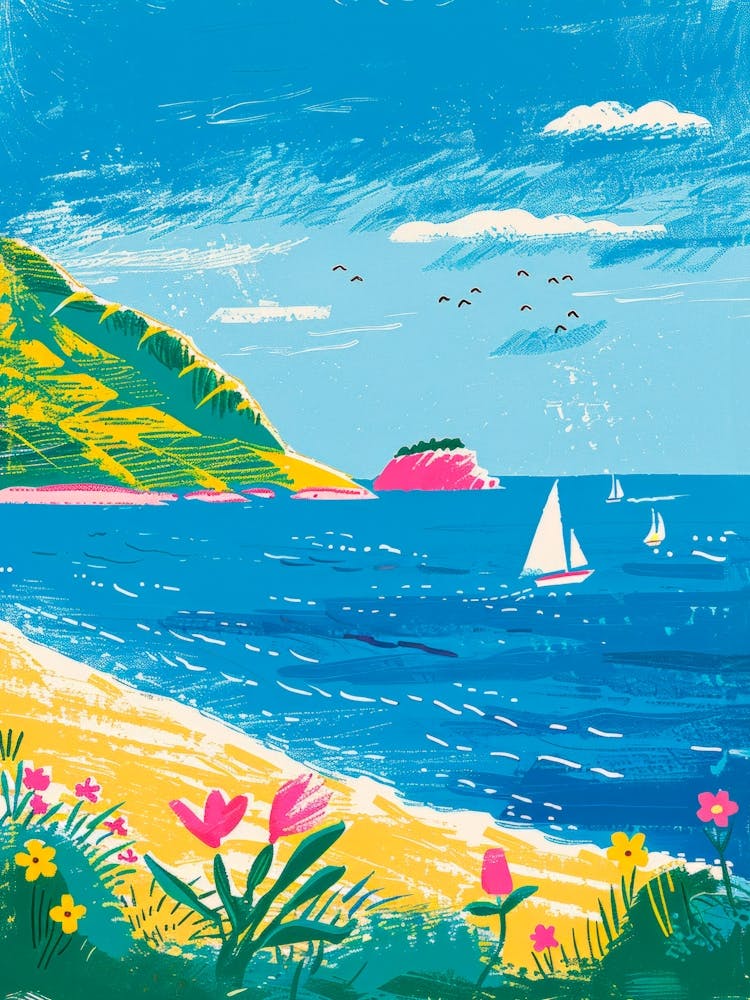Sommertag. Helle Naive Seelandschaft