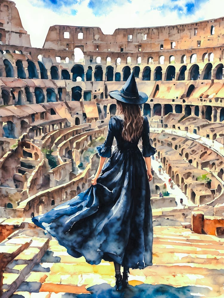 The Witch in Rome ~ A Witch Travels to the Colosseum - Ancient World Monument, Witchy Watercolor Artwork by Lyra the Lavender Witch - Pagan Fairytale Magical Art for Wicca, Wheel of the Year Gallery Wall