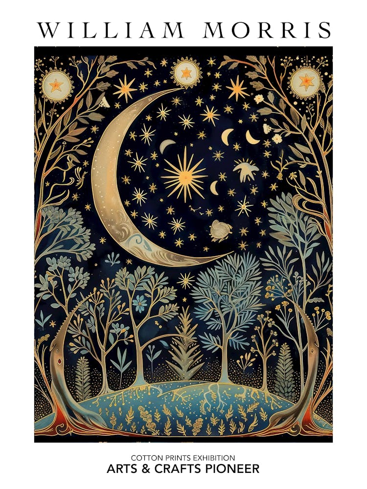 William Morris Print Night Forest Moon Poster Vintage Wall Art Textiles Art Vintage Poster