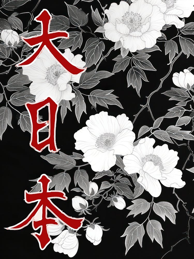 Großes Japan Hokusai Poster Monochrome Blumen 9