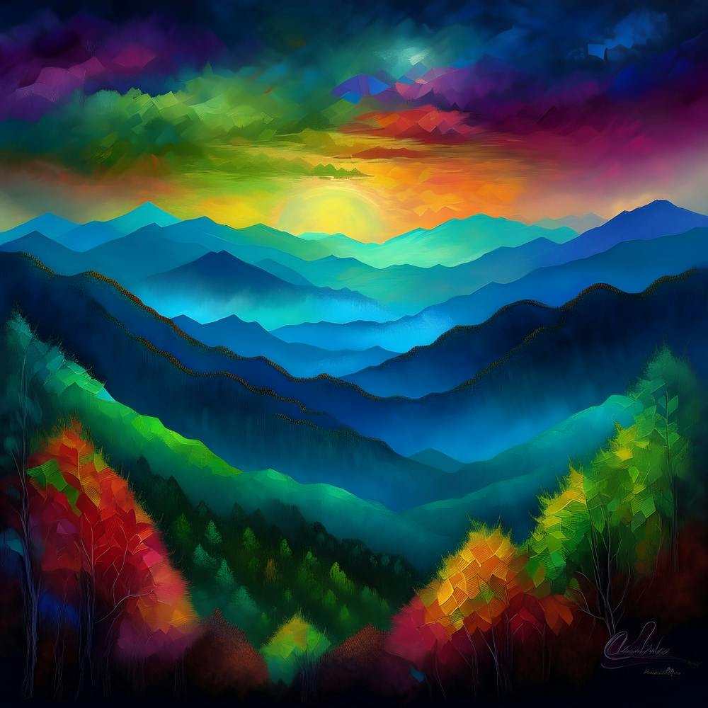 Painting of Great Smoky Mountains National Park with cosmic colors in style of Jon Tristan