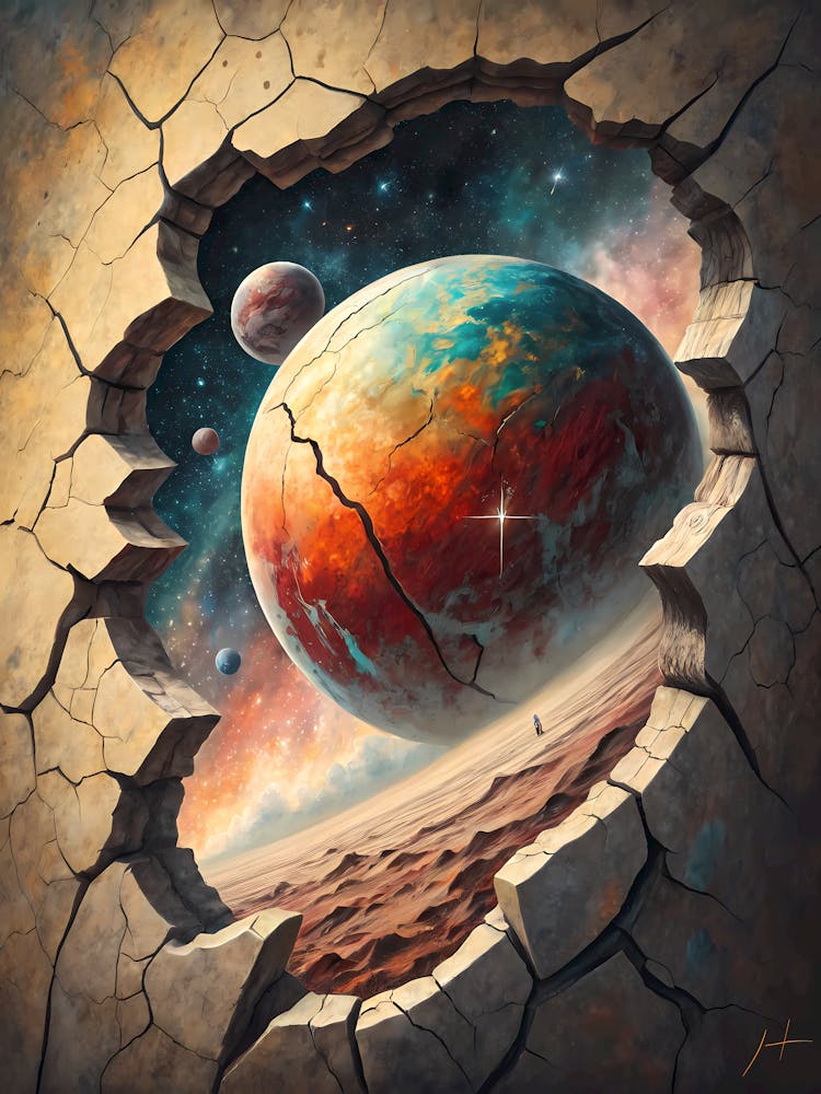 A 3D Planet Emerging Through a Crack Oil Painting Style