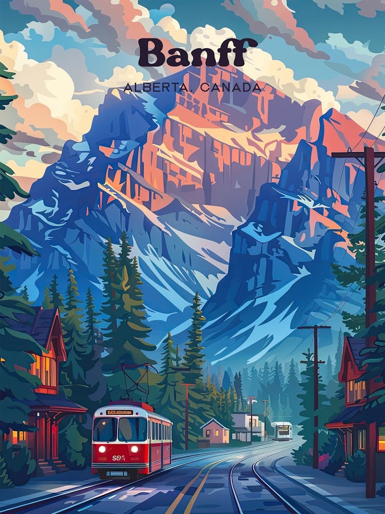 Banff Alberta Rocky Mountains Travel Illustration