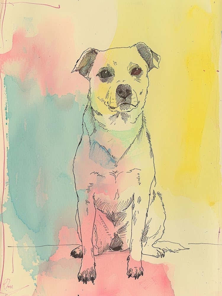 Pastel Dog Blue Yellow Pink Watercolour Line Illustration