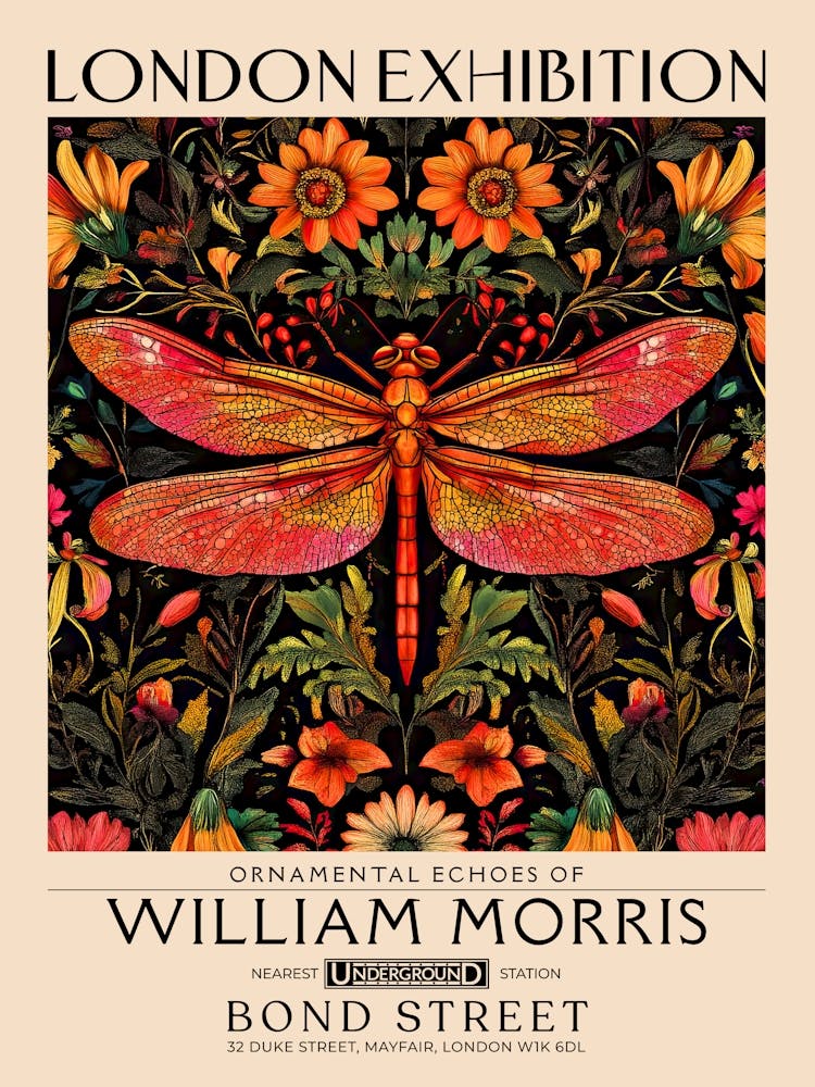 William Morris Dragonfly and floral artwork, insect and flower pattern vintage Botanical print for cottagecore, maximalist decor,floral tapestry Victorian nature illustration bedroom vintage decor 8
