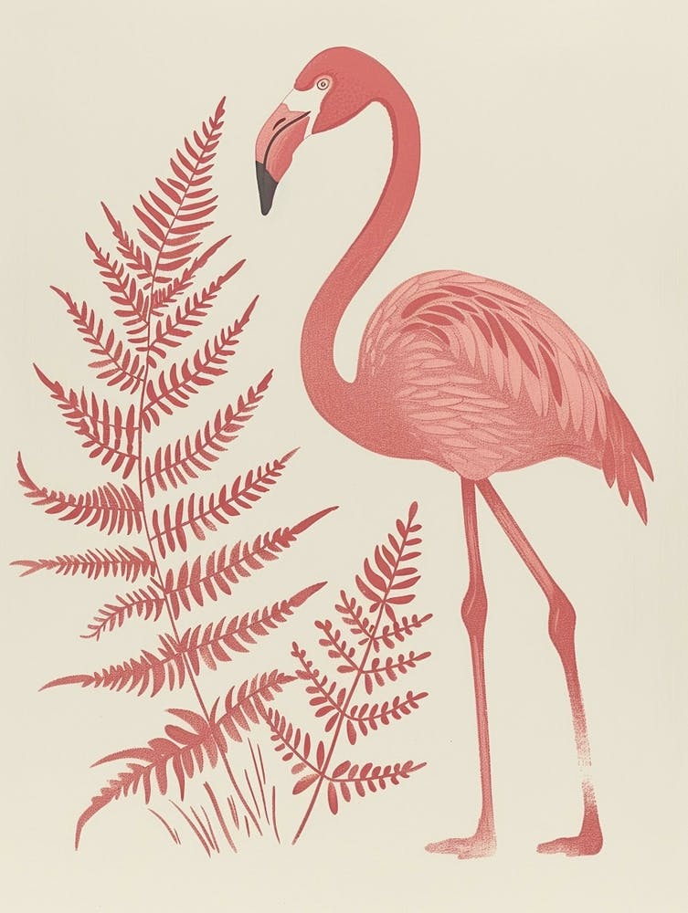 American Flamingo And Ferns Minimalist Illustration 2