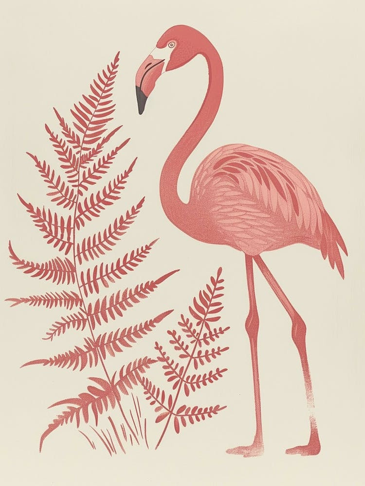 American Flamingo And Ferns Minimalist Illustration 2