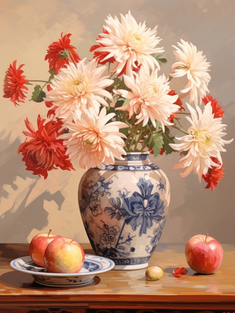 Chrysanthemum Flower And Peaches Still Life Painting 3 Dreamy
