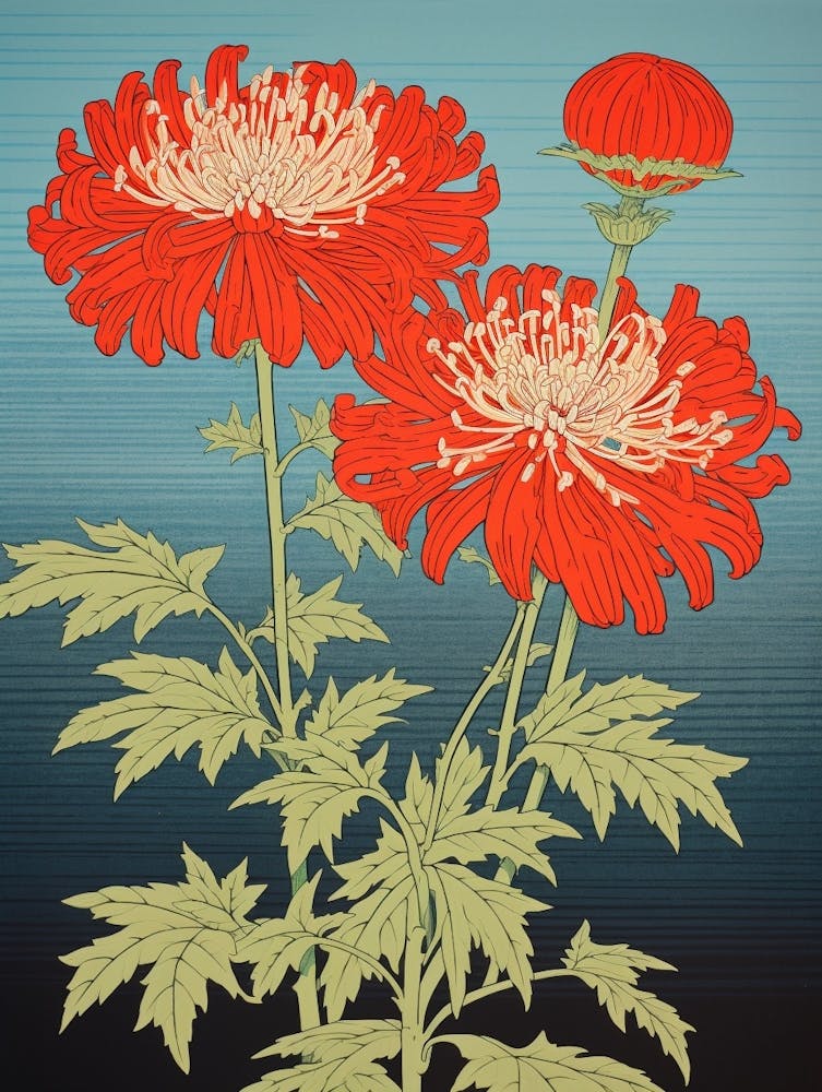 Higanbana Red Spider Lily 4 Vintage Botanical Woodblock