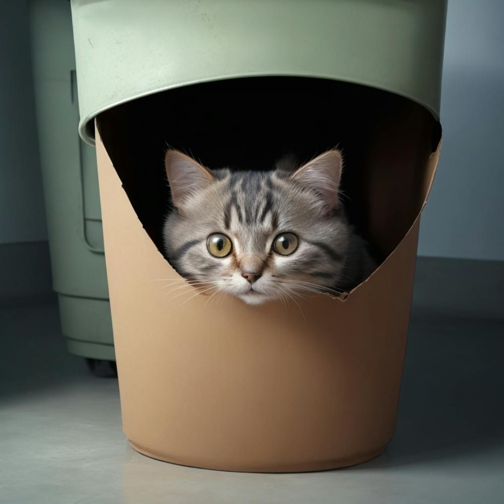 Cat, cute, hide and seek, hiding in the trash can, showing its head