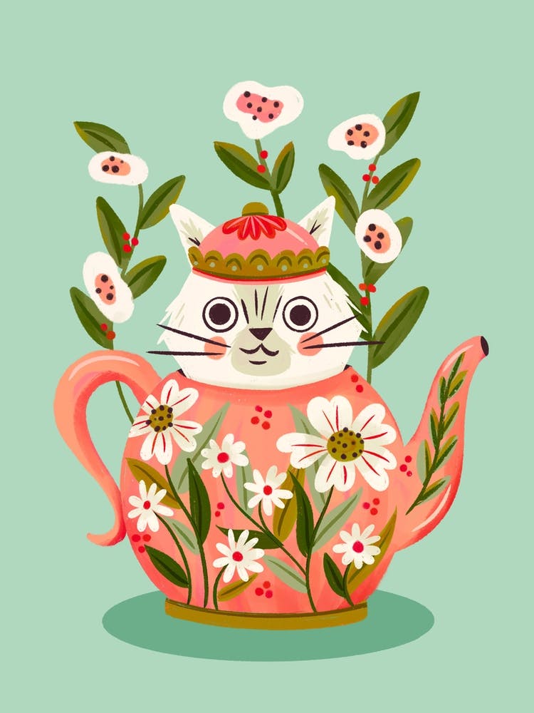 Cat In A Teapot With Flowers